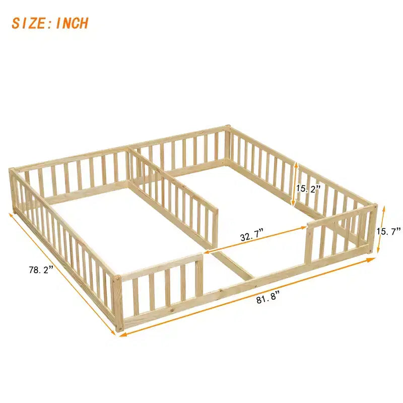 Lit au sol double avec barrière de sécurité, lit plateforme en bois pour 2 enfants