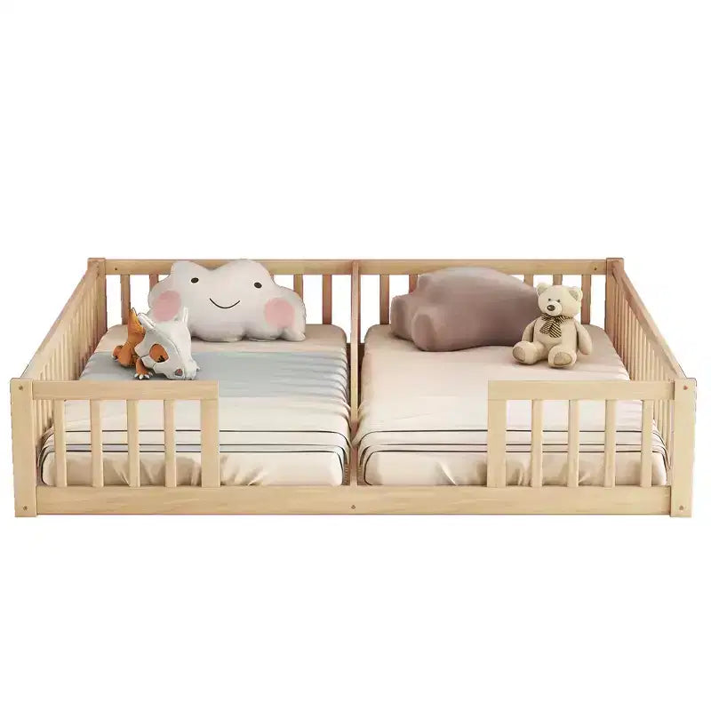 Lit au sol double avec barrière de sécurité, lit plateforme en bois pour 2 enfants