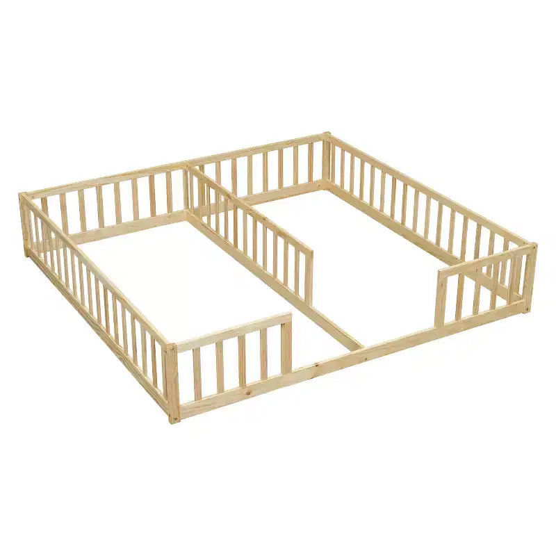 Lit au sol double avec barrière de sécurité, lit plateforme en bois pour 2 enfants