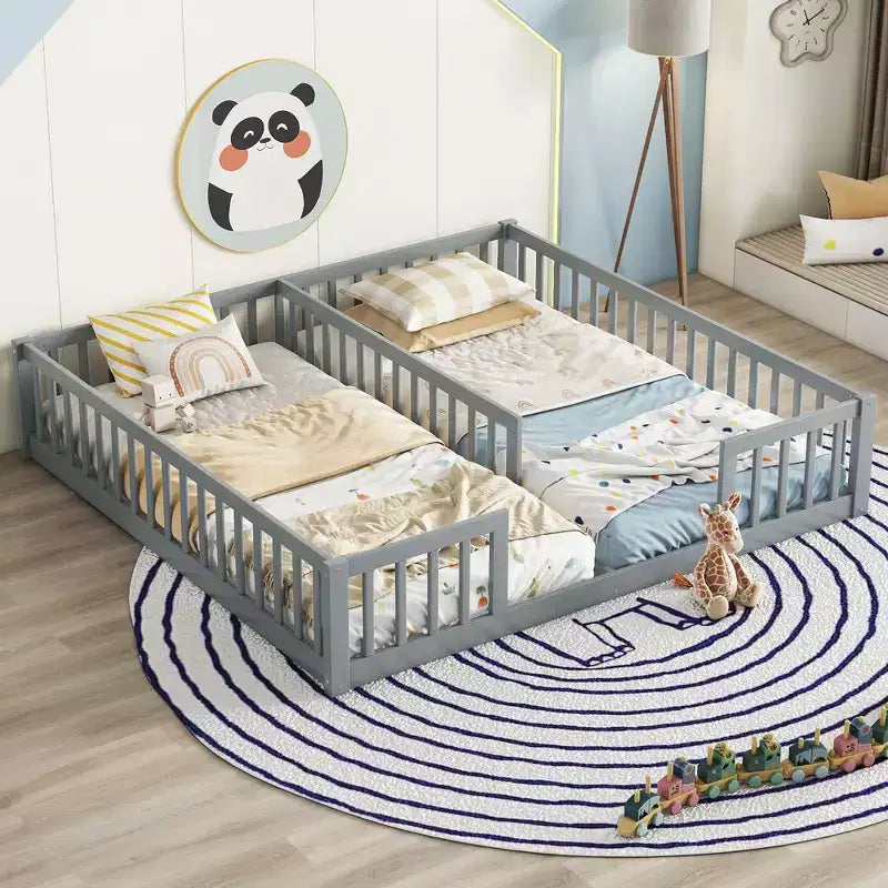 Lit double superposé avec barrière de sécurité, lit plateforme en bois avec clôture pour 2 enfants