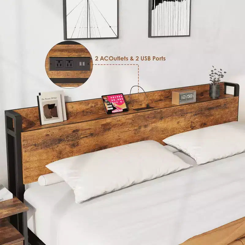 Cadre de lit King Size avec tête de lit de rangement, plateforme de lit King industrielle avec station de recharge et ports USB, sommier tapissier non requis - Marron rustique