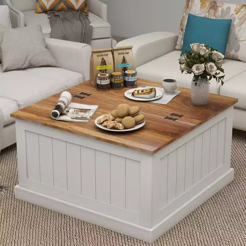 JVNOXK Table basse en bois de style rustique de 31,5 pouces avec plateau relevable à charnière carrée et compartiment de rangement, convient aux salons, blanche