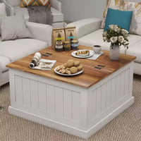 Table basse style ferme en bois JVNOXK 31.5 pouces avec plateau relevable carré à charnière et compartiment de rangement, convient aux salons, blanc
