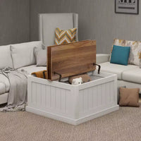 Table basse style ferme en bois JVNOXK 31.5 pouces avec plateau relevable carré à charnière et compartiment de rangement, convient aux salons, blanc