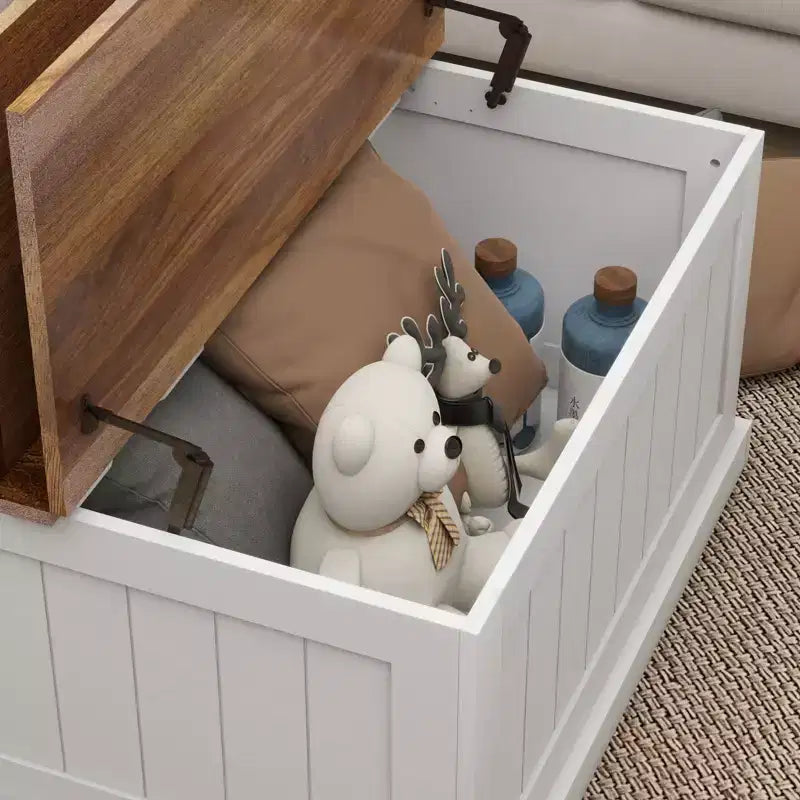 Table basse style ferme en bois JVNOXK 31.5 pouces avec plateau relevable carré à charnière et compartiment de rangement, convient aux salons, blanc