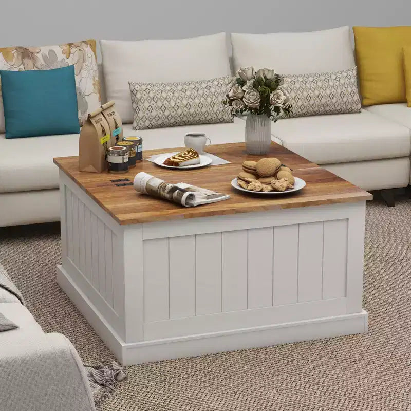 Table basse style ferme en bois JVNOXK 31.5 pouces avec plateau relevable carré à charnière et compartiment de rangement, convient aux salons, blanc