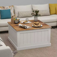 Table basse style ferme en bois JVNOXK 31.5 pouces avec plateau relevable carré à charnière et compartiment de rangement, convient aux salons, blanc