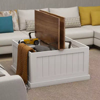 Table basse style ferme en bois JVNOXK 31.5 pouces avec plateau relevable carré à charnière et compartiment de rangement, convient aux salons, blanc