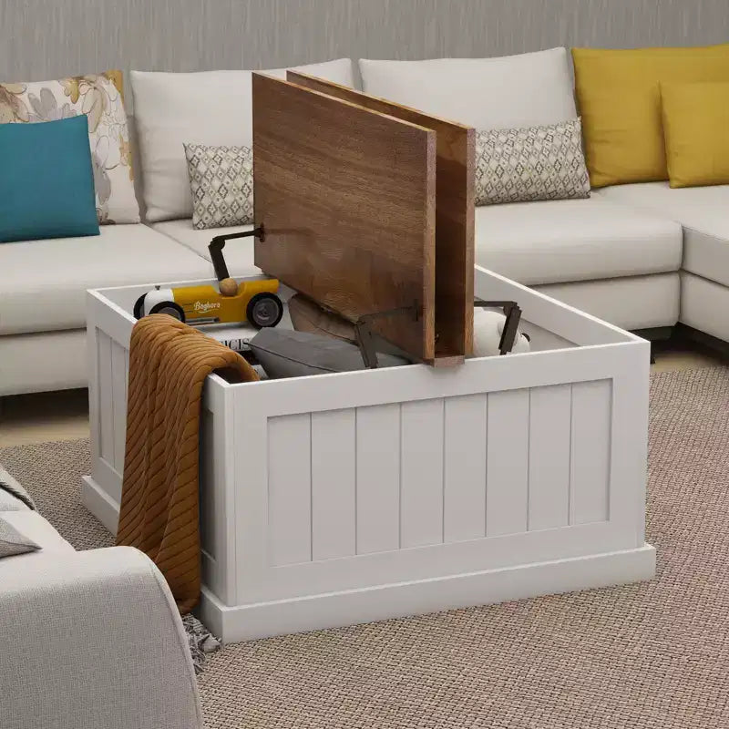 Table basse style ferme en bois JVNOXK 31.5 pouces avec plateau relevable carré à charnière et compartiment de rangement, convient aux salons, blanc