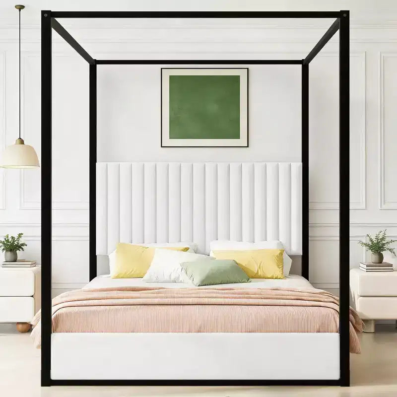 Luxystar - Lit plateforme à baldaquin moderne taille Queen avec tête de lit tapissée, noir