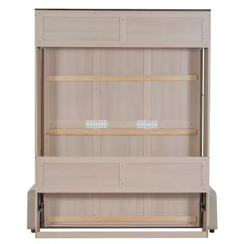 Lit escamotable taille Queen avec canapé, lit cabinet en bois Queen, lit mural avec éclairage LED, coffre mural pliant pour chambre d'amis, beige