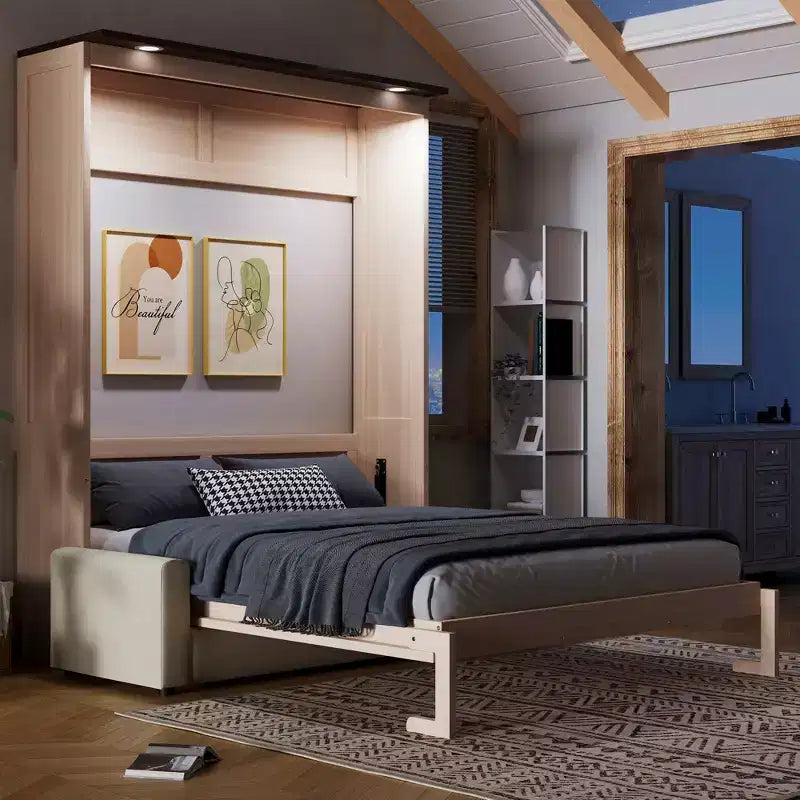 Lit escamotable taille Queen avec canapé, lit cabinet en bois Queen, lit mural avec éclairage LED, coffre mural pliant pour chambre d'amis, beige