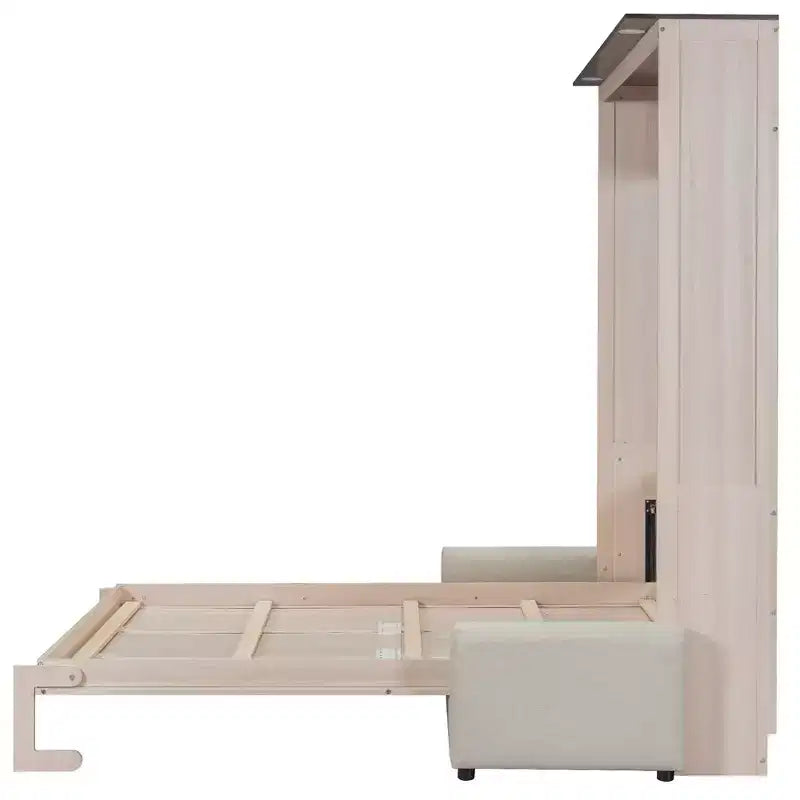 Lit escamotable taille Queen avec canapé, lit cabinet en bois Queen, lit mural avec éclairage LED, coffre mural pliant pour chambre d'amis, beige