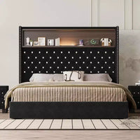 Lit capitonné en velours MAYEERTY Queen Size avec veilleuse port USB et tête de lit haute de 52 pouces avec décor de rivets et étagère de tête de lit pour chambre à coucher, noir