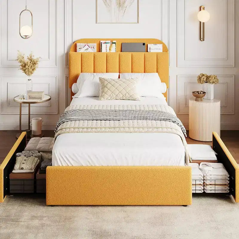 Cadre de lit avec tête de lit de rangement, cadre de lit enfant avec 2 tiroirs, lit plateforme tapissé en tissu bouclé avec bibliothèque, sans sommier requis, montage facile