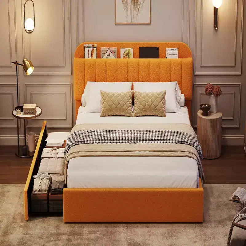 Cadre de lit avec tête de lit de rangement, cadre de lit enfant avec 2 tiroirs, lit plateforme tapissé en tissu bouclé avec bibliothèque, sans sommier requis, montage facile