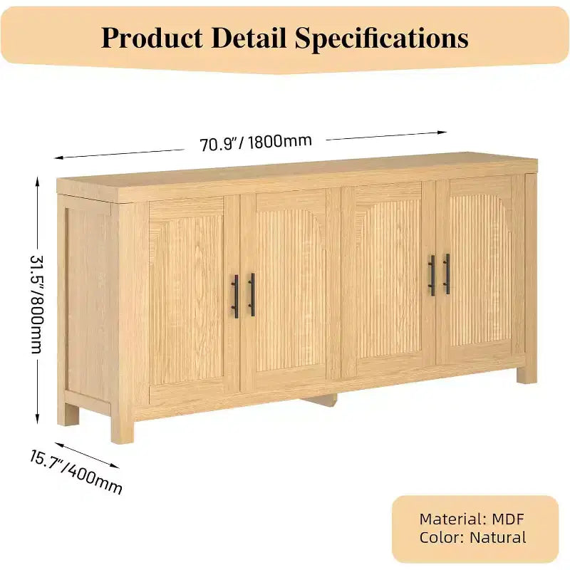 Buffet desserte 71 avec 4 portes, crédence cannelée armoire de rangement avec gestion des câbles et étagères réglables, table de buffet pour cuisine