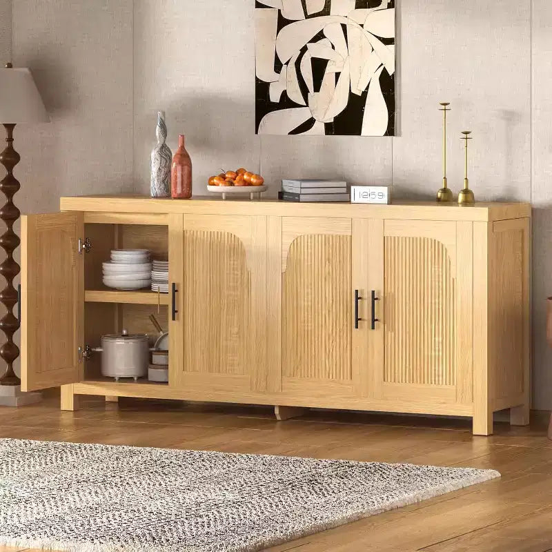 Buffet desserte 71 avec 4 portes, crédence cannelée armoire de rangement avec gestion des câbles et étagères réglables, table de buffet pour cuisine