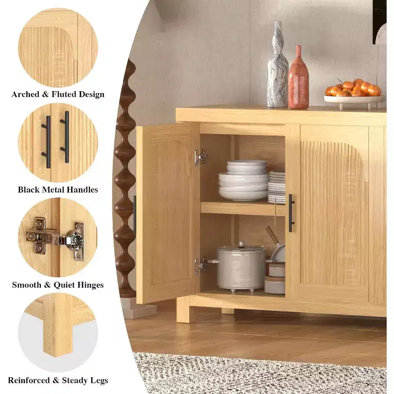 Buffet desserte 71 avec 4 portes, crédence cannelée armoire de rangement avec gestion des câbles et étagères réglables, table de buffet pour cuisine