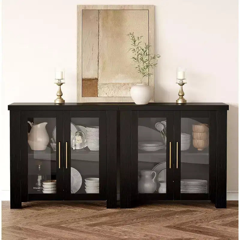 Buffet de cuisine 33''/59 à portes en verre trempé - desserte crédence en bois pour rangement salle à manger salon