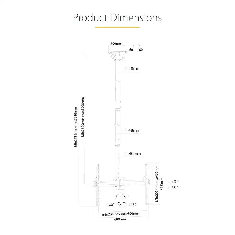 StarTech support TV plafond haut, perche longue de 8.2ft à 9.8ft - noir