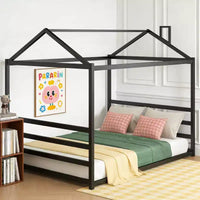 Luxystar - Lit forme maison métallique taille Queen, noir