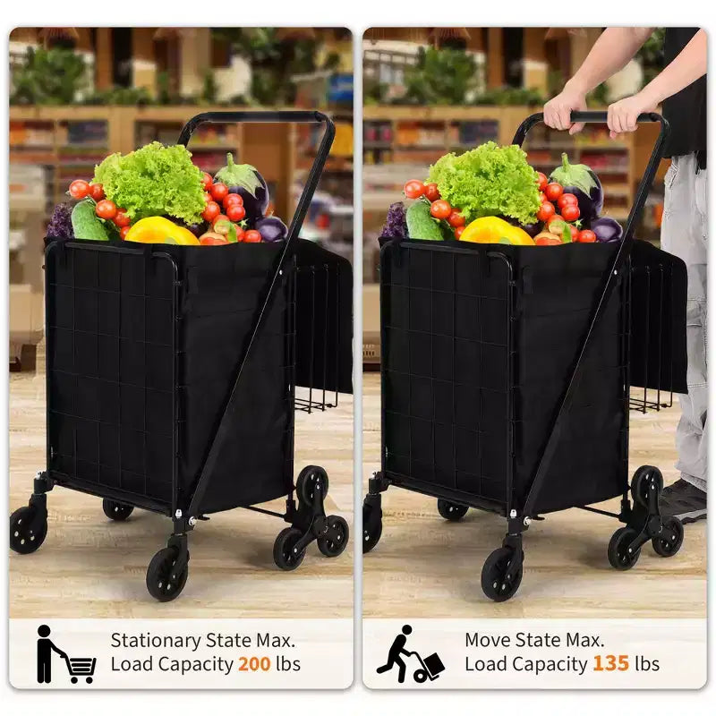 Chariot de courses pliant, caddie pivotant à 360° avec roues monte-escaliers, chariot utilitaire robuste avec doublure étanche pour courses, camping