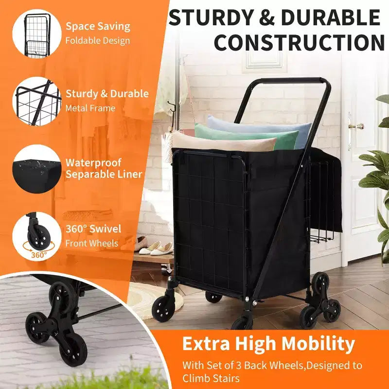 Chariot de courses pliant, caddie pivotant à 360° avec roues monte-escaliers, chariot utilitaire robuste avec doublure étanche pour courses, camping