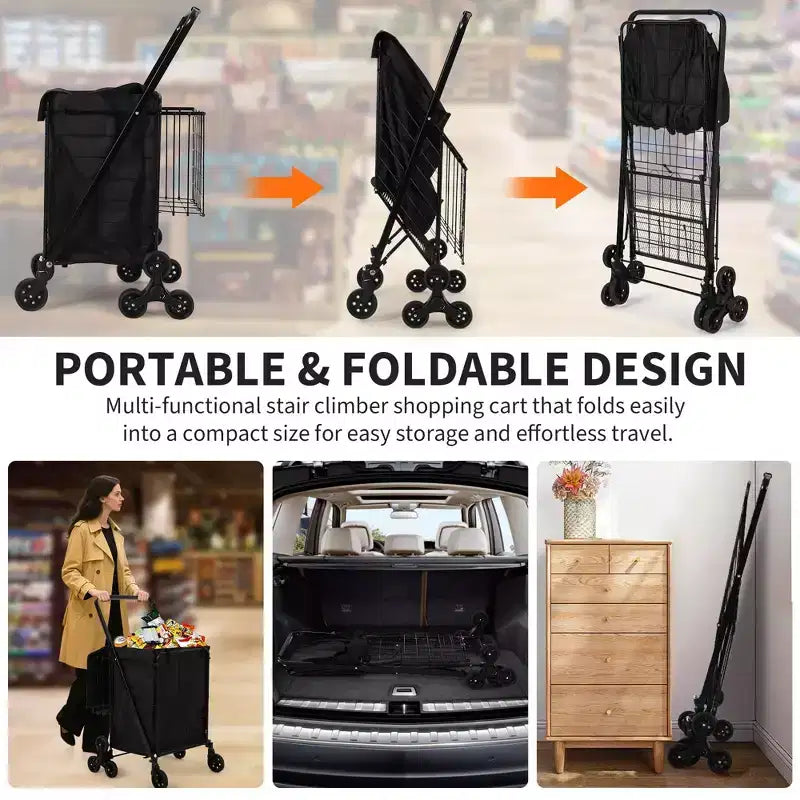 Chariot de courses pliant, caddie pivotant à 360° avec roues monte-escaliers, chariot utilitaire robuste avec doublure étanche pour courses, camping