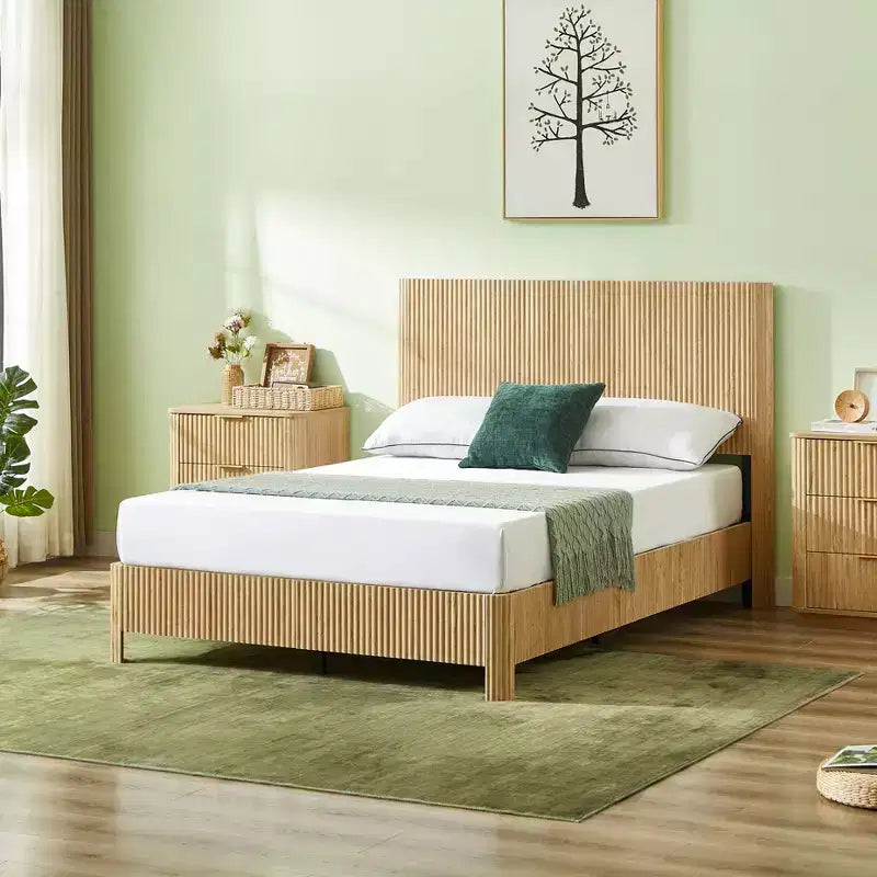 Cadre de lit plateforme en bois taille Full / Queen / King avec accents ondulés - ModernLuxe