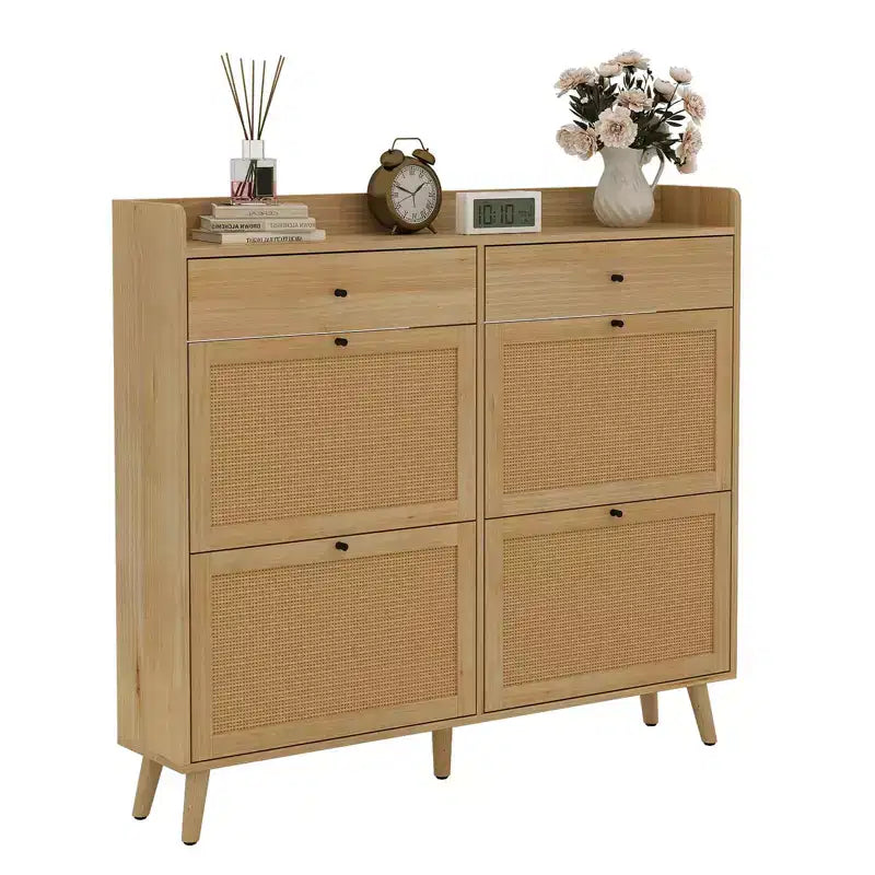Meuble à chaussures, organisateur d'entrée étroit de style fermette avec 4 tiroirs basculants et 2 tiroirs standards, portes en rotin