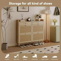Meuble à chaussures, organisateur d'entrée étroit de style fermette avec 4 tiroirs basculants et 2 tiroirs standards, portes en rotin