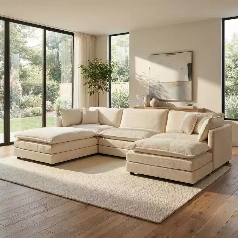 Canapé sectionnel modulaire en U Homy Casa en chenille avec ottomans réversibles, confort profond rembourré, beige