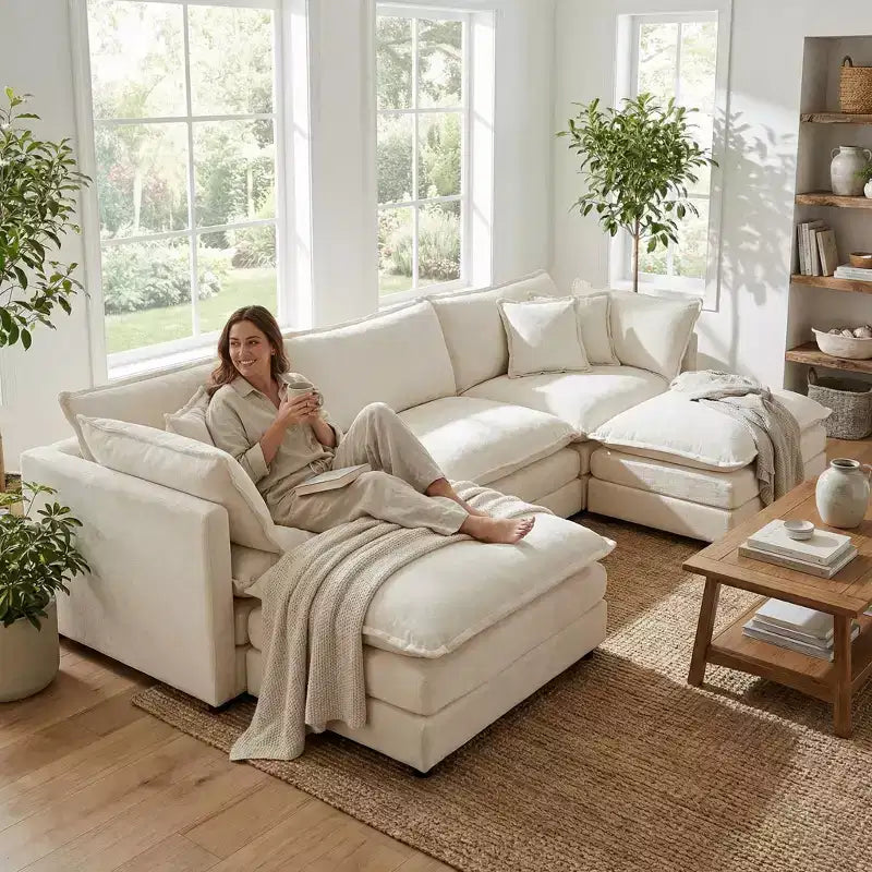Canapé sectionnel modulaire en U Homy Casa en chenille avec ottomans réversibles, confort profond rembourré, beige