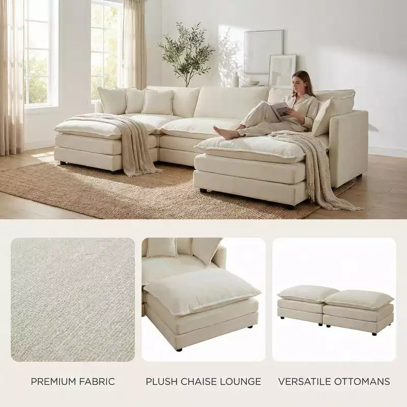 Canapé sectionnel modulaire en U Homy Casa en chenille avec ottomans réversibles, confort profond rembourré, beige
