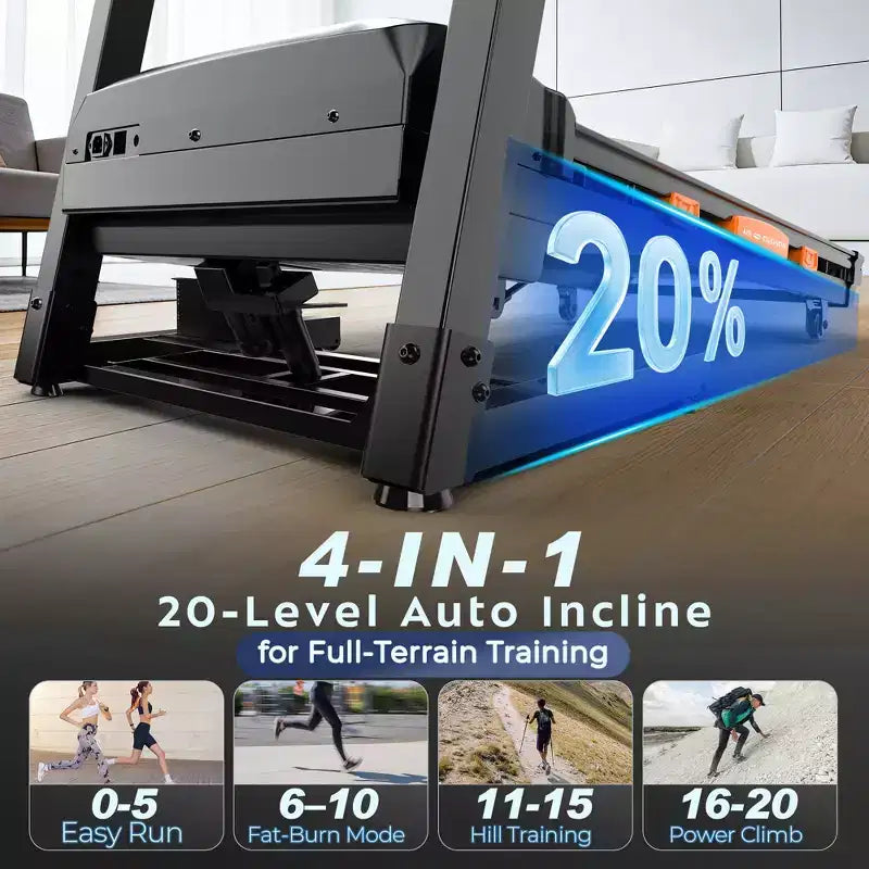 Tapis de course 5HP en promotion, tapis de course avec inclinaison 20%, tapis de course portable pour petit espace à la maison, haut-parleurs Bluetooth, contrôle par application, poignées de pouls, capacité 400LB