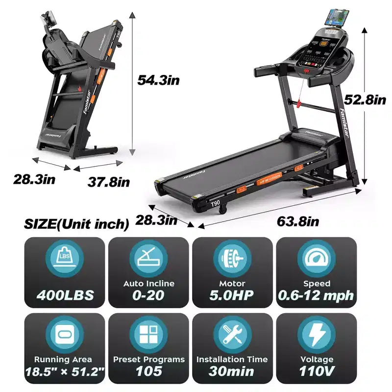 Tapis de course 5HP en promotion, tapis de course avec inclinaison 20%, tapis de course portable pour petit espace à la maison, haut-parleurs Bluetooth, contrôle par application, poignées de pouls, capacité 400LB