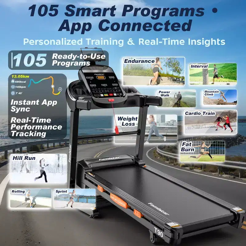 Tapis de course 5HP en promotion, tapis de course avec inclinaison 20%, tapis de course portable pour petit espace à la maison, haut-parleurs Bluetooth, contrôle par application, poignées de pouls, capacité 400LB