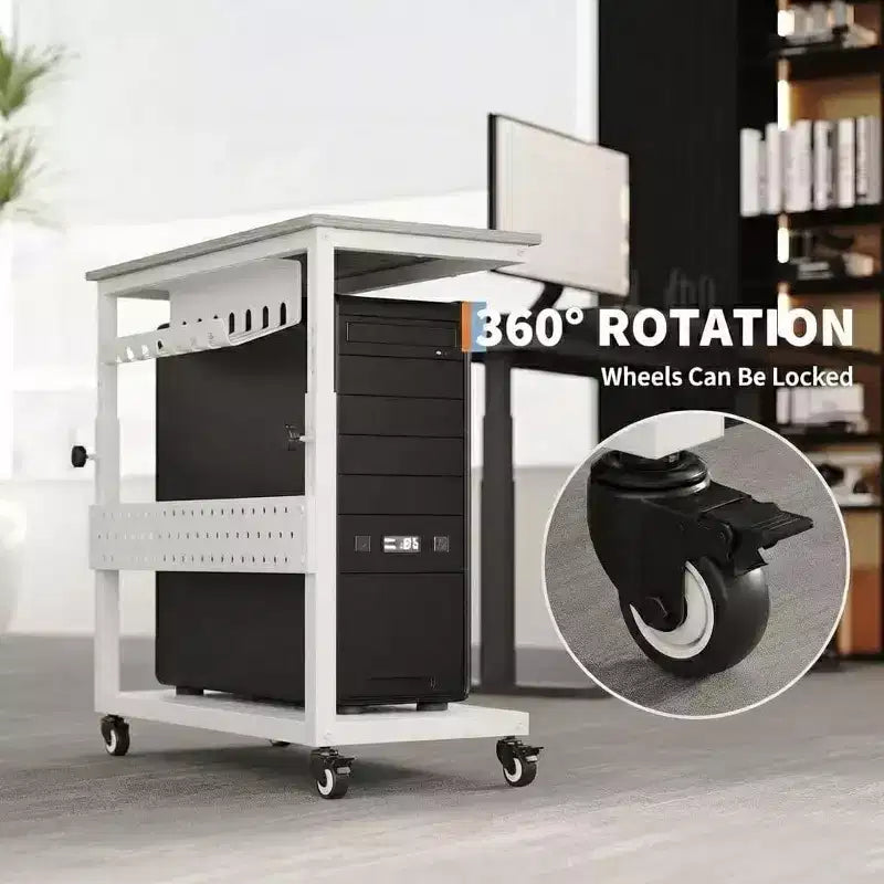 Support CPU roulant réglable avec gestion des câbles, hauteur 22.83-34.1 pouces pour sous le bureau. Support tour mobile à 2 niveaux pour bureau et maison, blanc