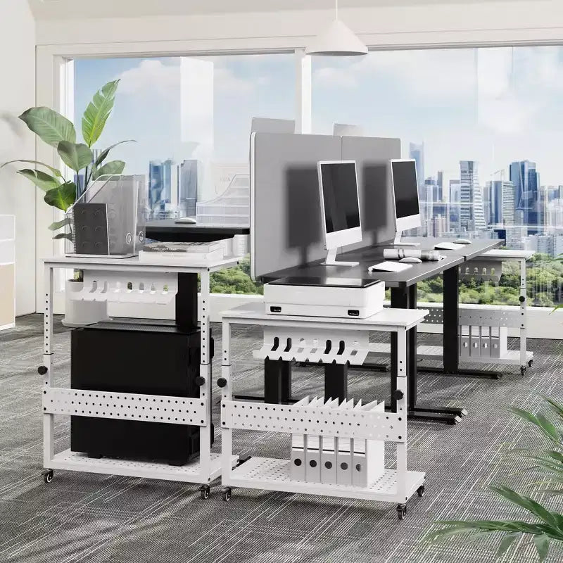 Support CPU roulant réglable avec gestion des câbles, hauteur 22.83-34.1 pouces pour sous le bureau. Support tour mobile à 2 niveaux pour bureau et maison, blanc