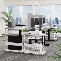 Support CPU roulant réglable avec gestion des câbles, hauteur 22.83-34.1 pouces pour sous le bureau. Support tour mobile à 2 niveaux pour bureau et maison, blanc