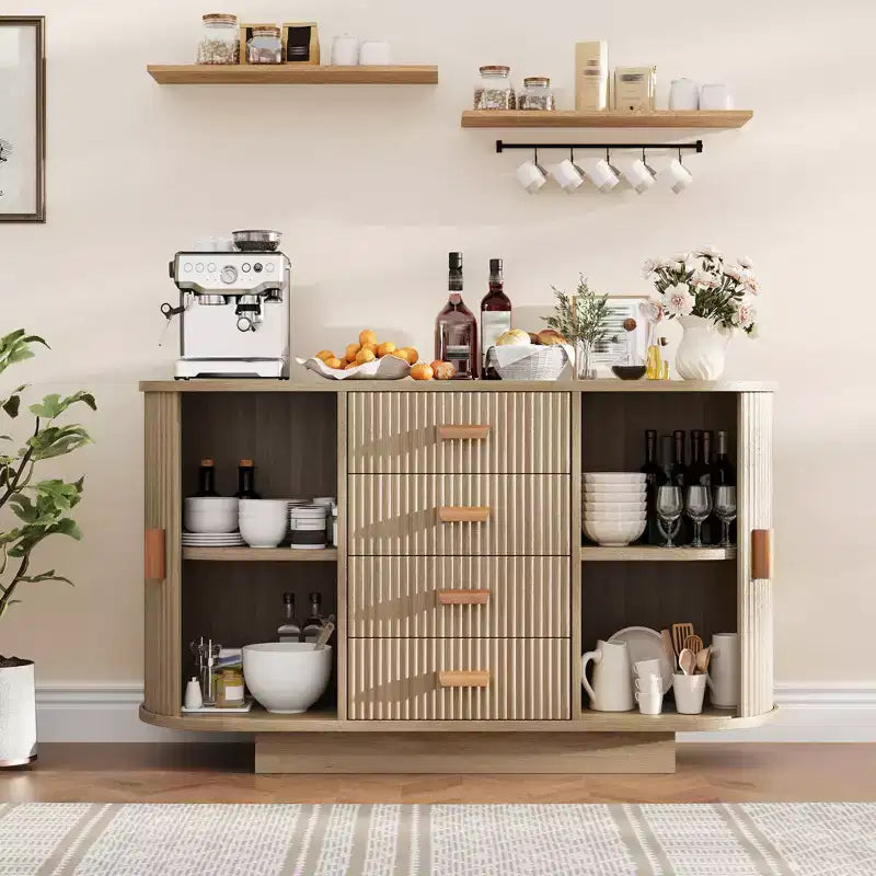 Buffet enfilade de 47 pouces avec rangement, meuble de bar à café cannelé avec 4 tiroirs et 2 portes coulissantes, buffet en bois pour cuisine et salon