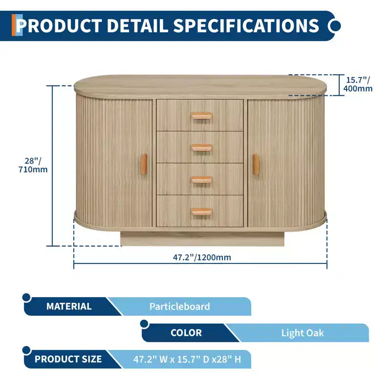 Buffet enfilade de 47 pouces avec rangement, meuble de bar à café cannelé avec 4 tiroirs et 2 portes coulissantes, buffet en bois pour cuisine et salon
