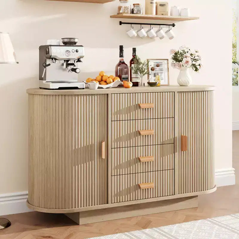 Buffet enfilade de 47 pouces avec rangement, meuble de bar à café cannelé avec 4 tiroirs et 2 portes coulissantes, buffet en bois pour cuisine et salon