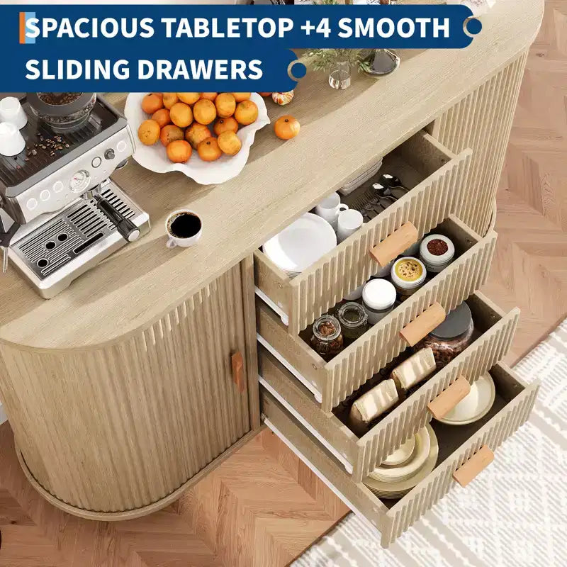 Buffet enfilade de 47 pouces avec rangement, meuble de bar à café cannelé avec 4 tiroirs et 2 portes coulissantes, buffet en bois pour cuisine et salon