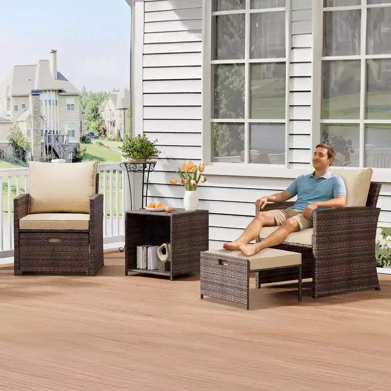 Ensemble canapé de patio 5 pièces à dossier haut, mobilier d'extérieur en rotin PE avec coussins moelleux, 2 poufs et table, pour jardin, balcon, porche, bord de piscine