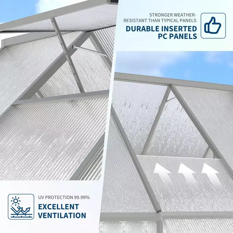 Serre en polycarbonate avec cadre en aluminium 8'X16', Serre robuste avec structure à montage rapide et lucarne de toit, Kit de serres en aluminium amélioré