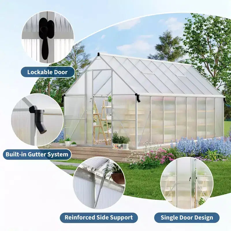 Serre en polycarbonate avec cadre en aluminium 8'X16', Serre robuste avec structure à montage rapide et lucarne de toit, Kit de serres en aluminium amélioré