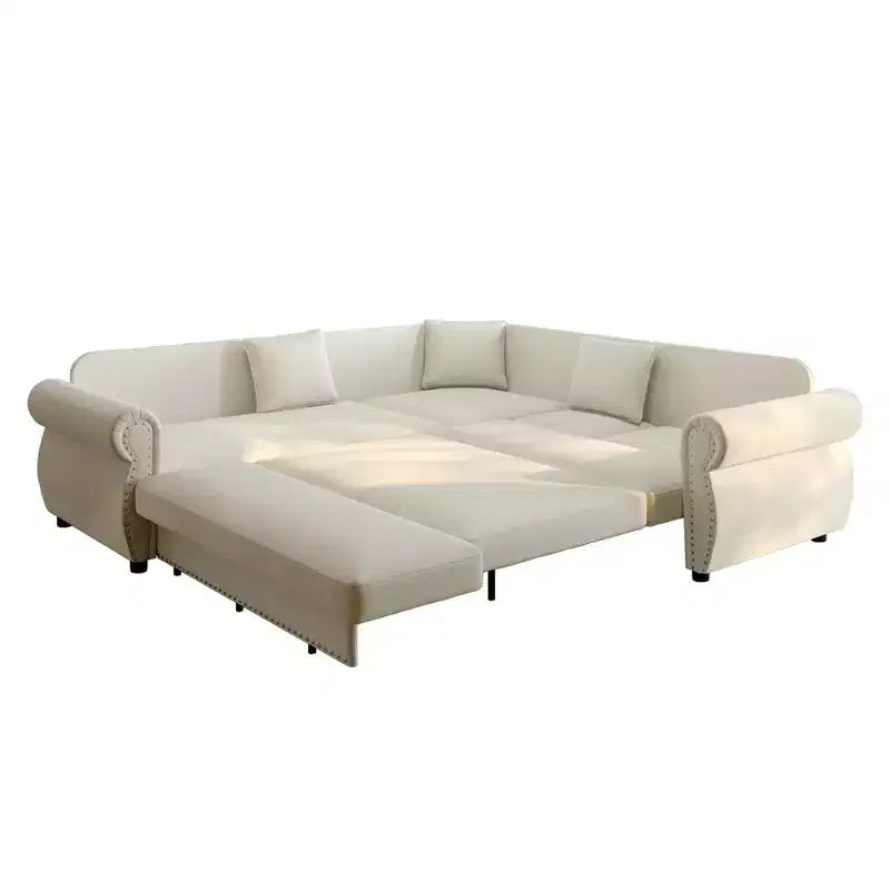 Homy Casa Canapé d'angle convertible 88" en L avec lit escamotable, revêtement chenille, 5 places, beige