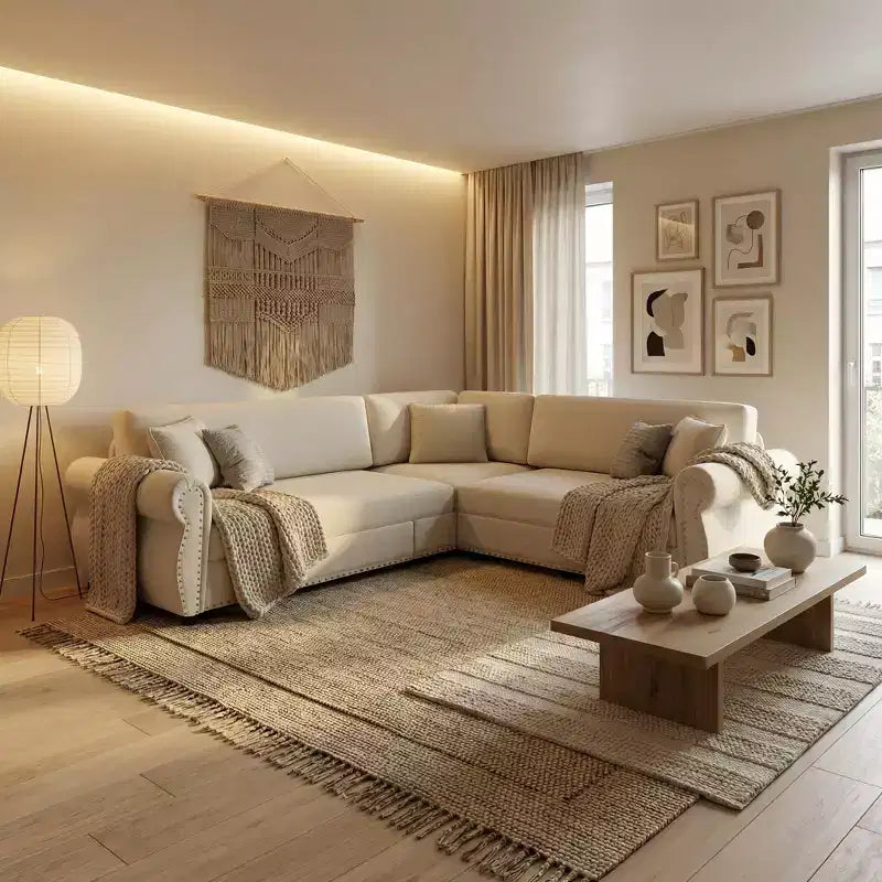 Homy Casa Canapé d'angle convertible 88" en L avec lit escamotable, revêtement chenille, 5 places, beige